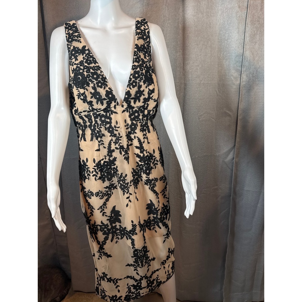 Bardot‎ Elegant Lace Deep V Neck Sleeveless Midi Sheath Dress Nude Black size 10